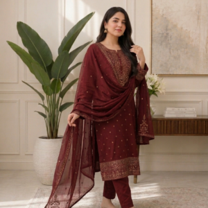 Delhi Boutique – Elegant Embroidered Maroon 3 Piece Suit for Women